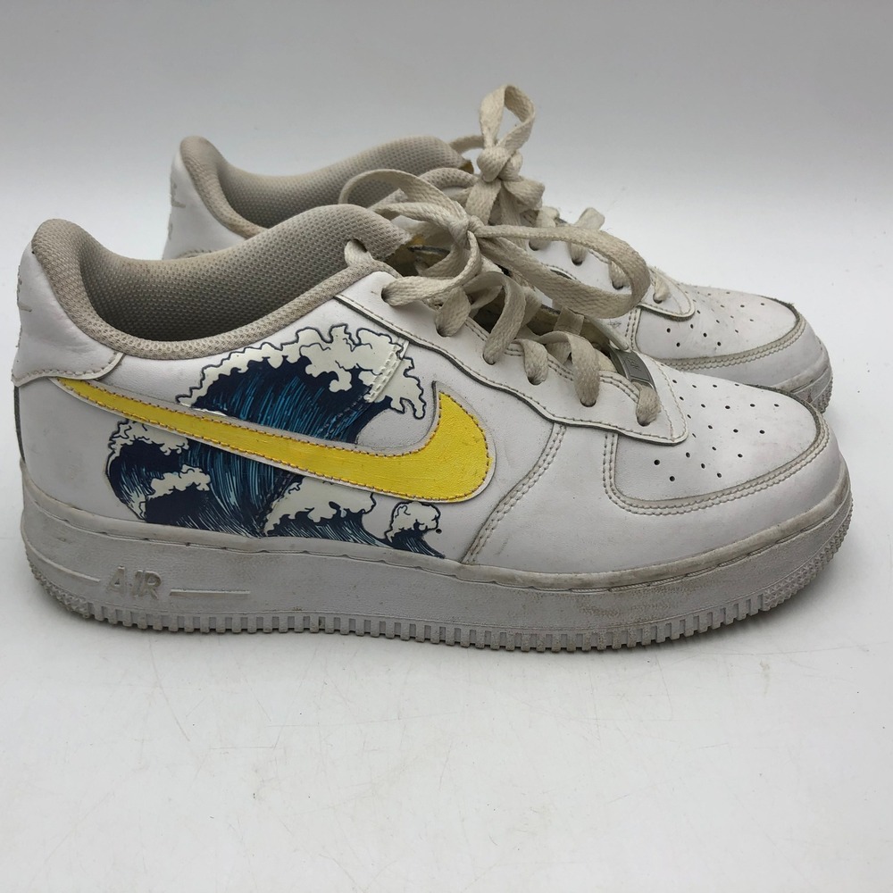 Nike Air Force 1 Low Custom Great Wave White Leather Sneakers 314192-117 Size 7Y - Picture 2 of 9